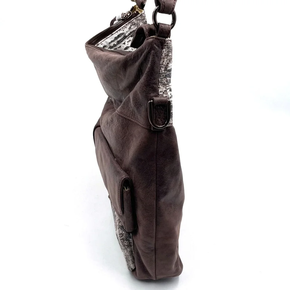 HOBO Explorer‎ Shoulder Bag Leather Crossbody Brown Snake Accents Pockets